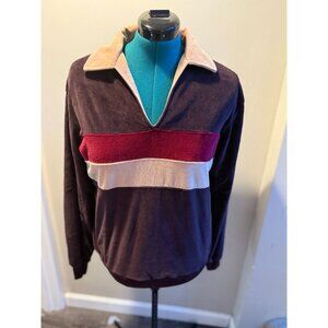 Vintage 90s Brown, Red, Beige Collared Colorblock Long Sleeve Velour Top with El